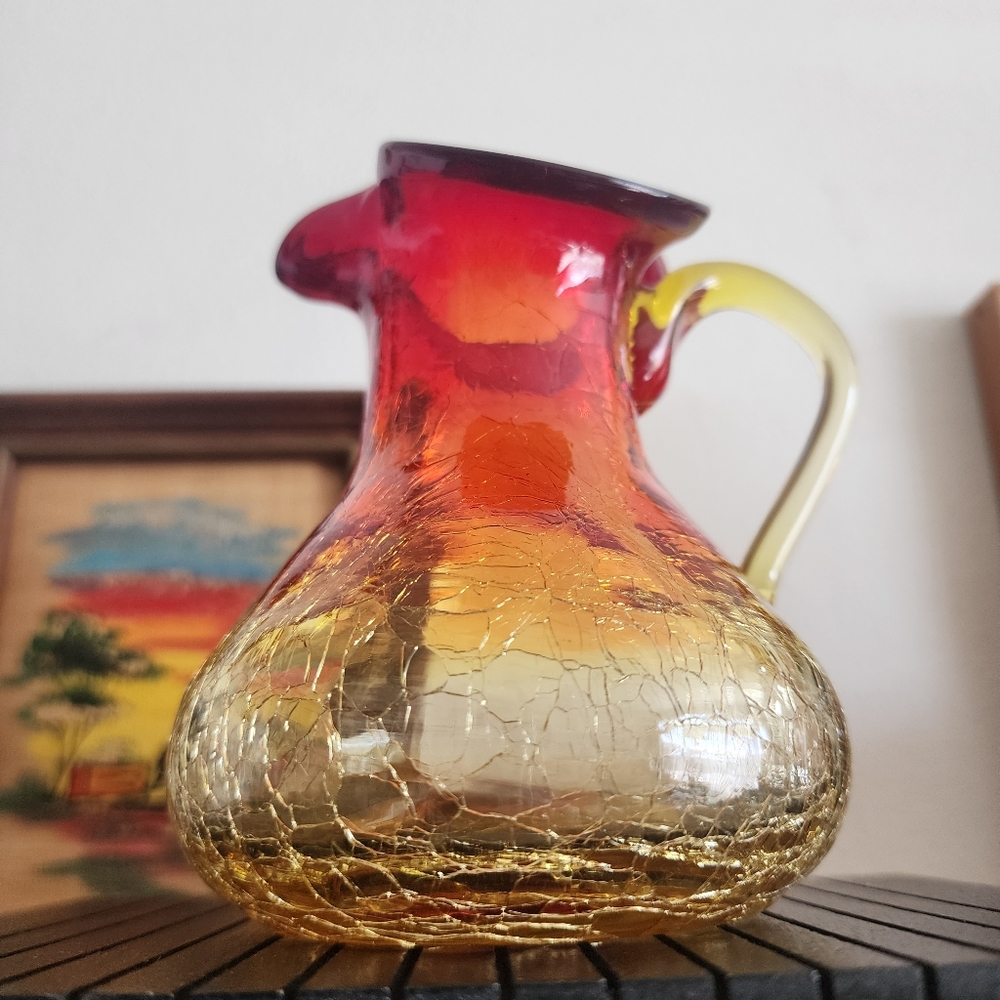 Mid-Century Modern Ombre Crackle Art Glass Small Pitcher